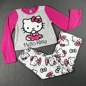 Hello Kitty Girls Pajama Set Size M 8 Pink Gray Fleece Long Sleeve Top Pants